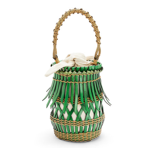 LOEWE/羅意威  Fringes Bucket系列 女士綠色/蜂蜜色編織小牛皮頂部流蘇籃子單肩斜挎包0010469492