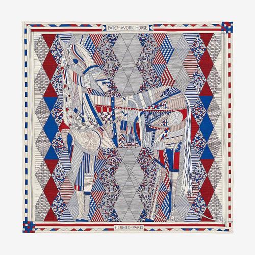 HERMES/愛馬仕  圍巾/披肩披肩 拼布馬披肩140羊絨和真絲披肩，帶有手卷邊緣（70％的羊絨，30％的真絲）奈杰爾·皮克（Nigel Peake）設計灰/海軍藍 均碼