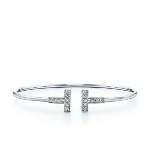 Tiffany & Co./蒂芙尼 經典Tiffany T系列 18K金白金鑲嵌鉆石T形Wire手鐲GRP07783