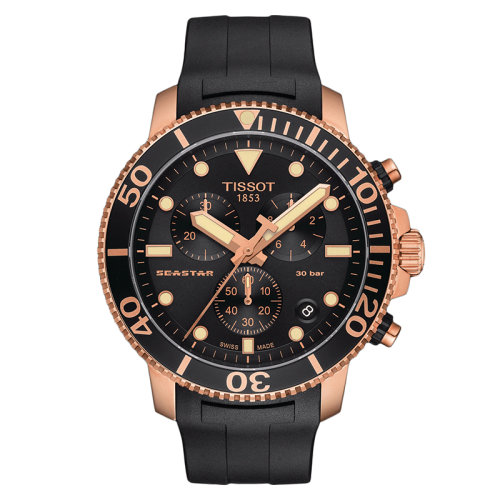 TISSOT/天梭 海星潛水1000系列 男士黑色表盤石英機芯橡膠表帶和玫瑰金PVD鍍層精鋼表殼腕表45.5毫米T120.417.37.051.00