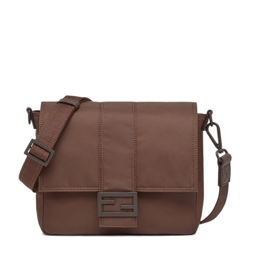 FENDI/芬迪 BAGUETTE系列 男士中號棕色再生尼龍FF搭扣翻蓋單肩斜挎法棍信差包7VA537AG0PF0TU7
