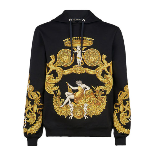 VERSACE 范思哲 男士 服裝 21春夏 黑色連帽刺繡印花棉質(zhì)長(zhǎng)袖衛(wèi)衣 男衛(wèi)衣