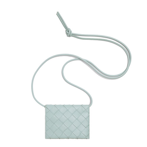 Bottega Veneta/葆蝶家 22春夏新款 女士水洗青色Intrecciato編織皮革配背帶翻蓋卡包689527VCPP33902