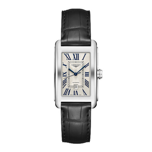 LONGINES/浪琴 黛綽維納系列 自動(dòng)機(jī)械表黑色皮表帶長方形銀盤男表27.70 X 43.80毫米L5.757.4.71.0