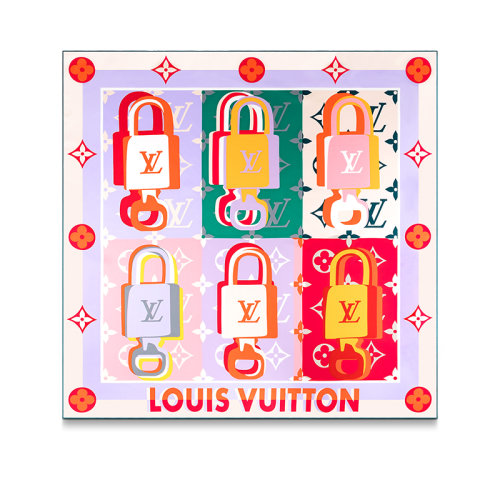Louis Vuitton/路易威登 22年秋冬新款 LV UNLOCKED 90系列 女士粉色桑蠶絲標(biāo)志性掛鎖圖案方巾絲巾M77658