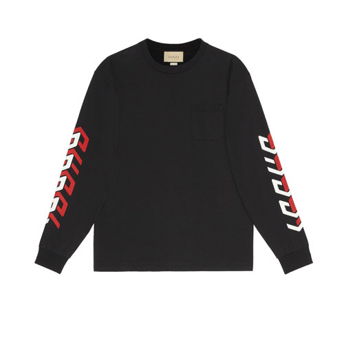 GUCCI/古馳 22年春夏新款 Aria系列 男士黑色純棉鏡像效果Logo印花長袖T恤衛衣?676063XJDWA1152