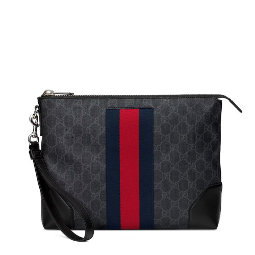 GUCCI/古馳 22春夏新款 男士黑色/灰色帆布黑色皮革滾邊飾銀扣紅藍條紋織帶修飾手拿包5236039F2YN1095