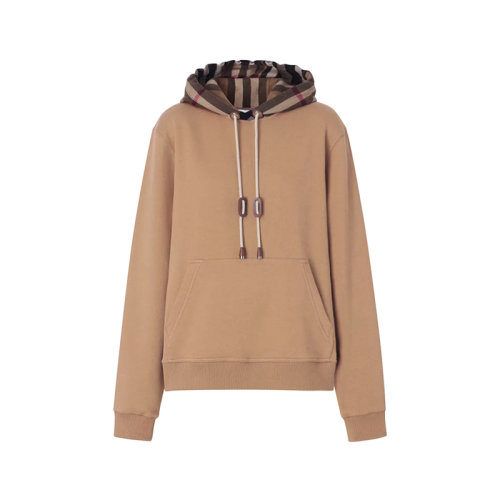 BURBERRY/博柏利【22秋冬新款】女款棉質寬松版連帽長袖衛衣運動衫駝色標志性格紋圖案 80577281
