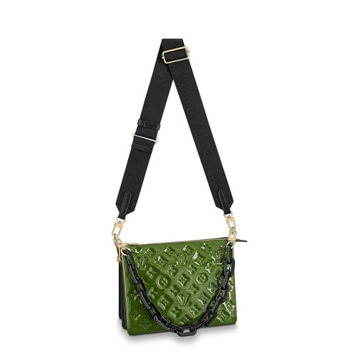 Louis Vuitton/路易威登 22春夏新款COUSSIN系列 女士小號綠色/黑色漆面牛皮革羊皮革襯料老花壓印黑色鏈條配可拆卸肩帶單肩斜挎手提鏈條包M20565