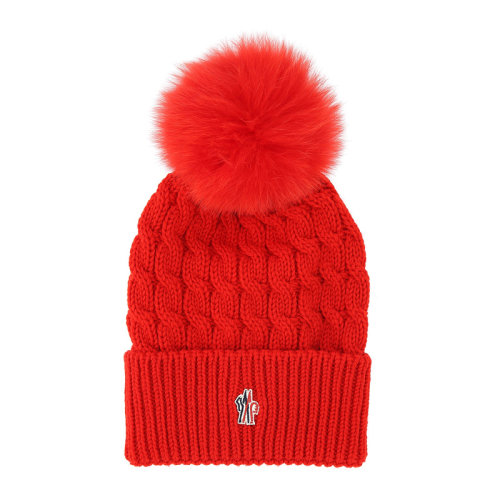 Moncler/蒙克萊 女士羅紋羊毛頂部毛絨球裝飾正面刺繡徽標(biāo)針織帽無(wú)檐帽女帽 3B70001-0402A 多色可選
