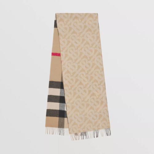  BURBERRY 22年秋冬 女士 雙面兩用格紋拼專屬標識羊絨圍巾 80574701