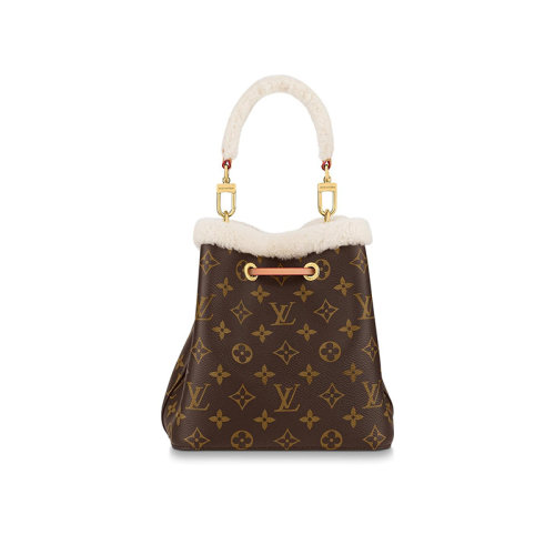 Louis Vuitton/路易威登 22秋冬新款 NEONOE系列 女士棕色老花帆布配羊毛皮羊毛飾邊金色金屬皮革抽繩開合單肩斜挎包M46319