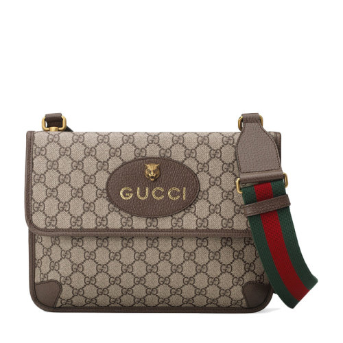  GUCCI/古馳 雙面虎頭郵差包 大號 單肩包斜挎包斜跨包休閑包男包 卡其色帆布經(jīng)典老花紅綠條紋 logo 495654-9C2VT-8745
