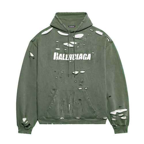 Balenciaga/巴黎世家      HOODIE DESTROYED系列 男士深綠色和白色中重抓絨衛衣連帽衫659403TKVB63011